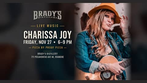 Live music poster for Charissa Joy on November 27, 2026 at Brady's Distillery